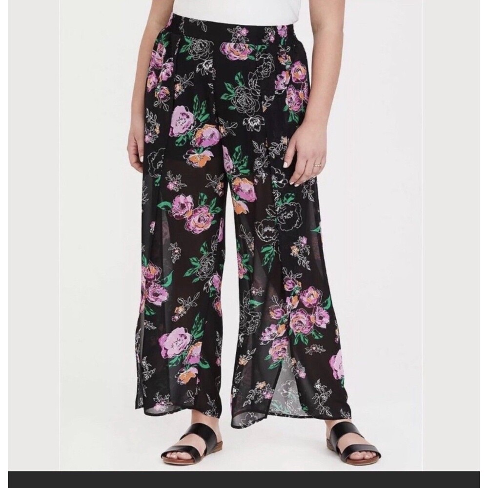 TORRID PLUS SIZE Chiffon Side Slit Black Wide Leg Flowy Floral Pant Sz 4